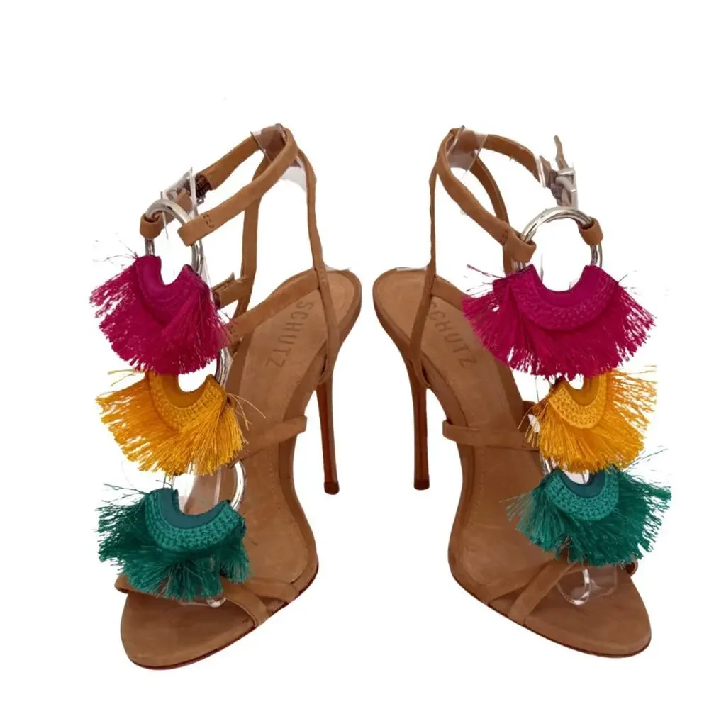 Schutz Capri Tassel Fringe Heels Multicolor Strappy Suede Sandals Size 6.5